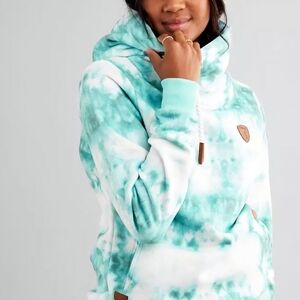 Wanakome Artemis Cowl Neck Hoodie in a light blue and white tie-dye pattern.